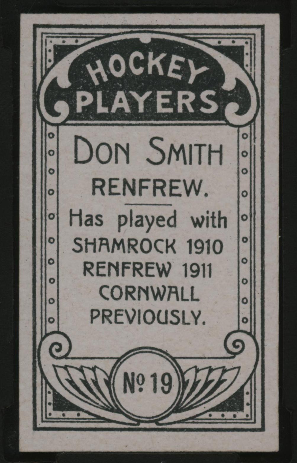 1911-1912 C55 Imperial Tobacco Hockey #19 Don Smith - Issued Back