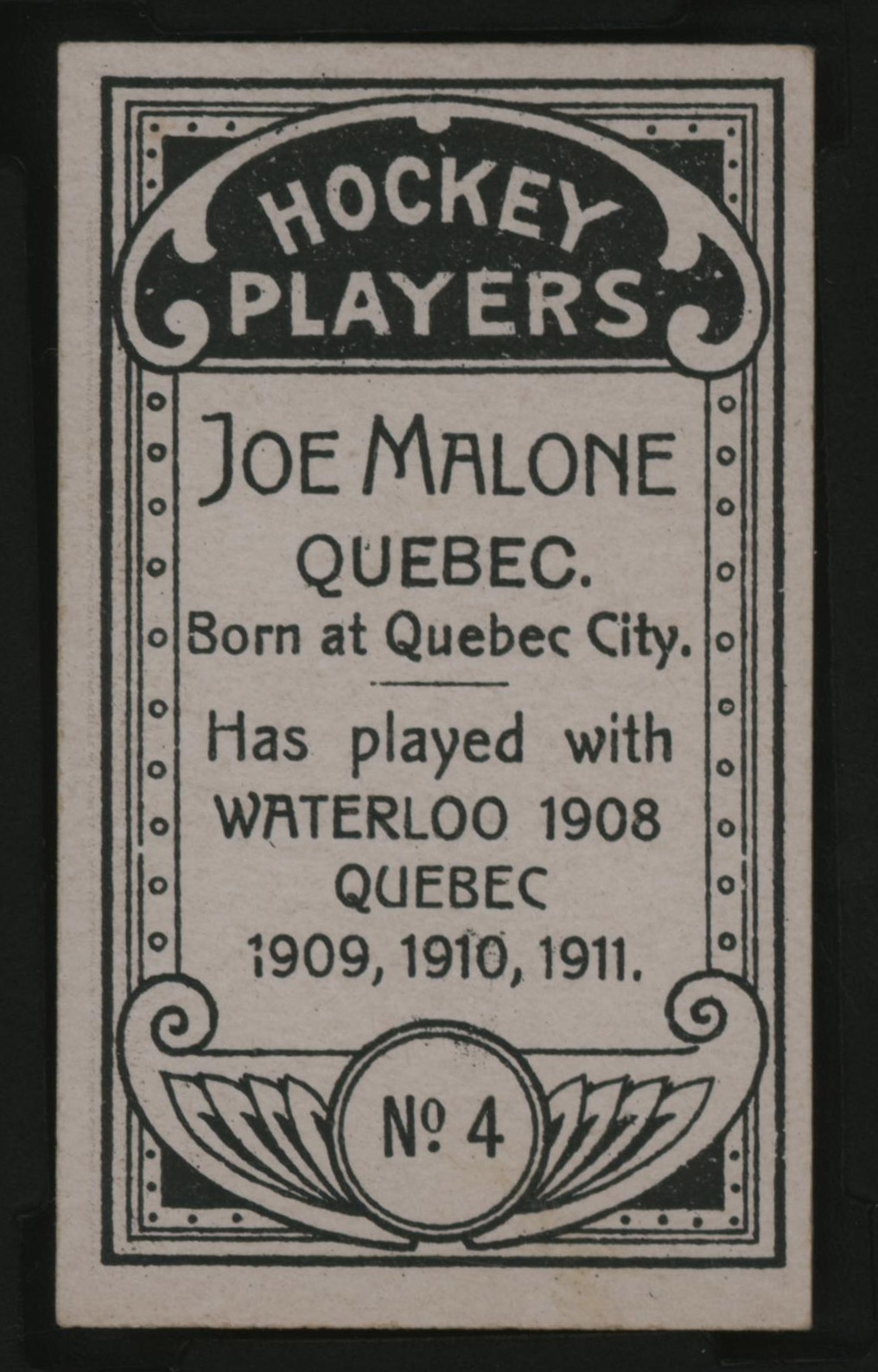 1911-1912 C55 Imperial Tobacco Hockey #4 Joe Malone - Issued Back