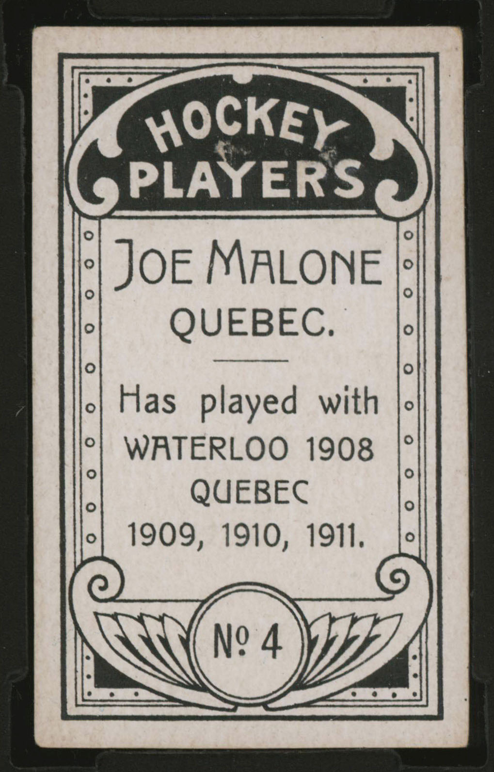 1911-1912 C55 Imperial Tobacco Hockey #4 Joe Malone - Proof Back
